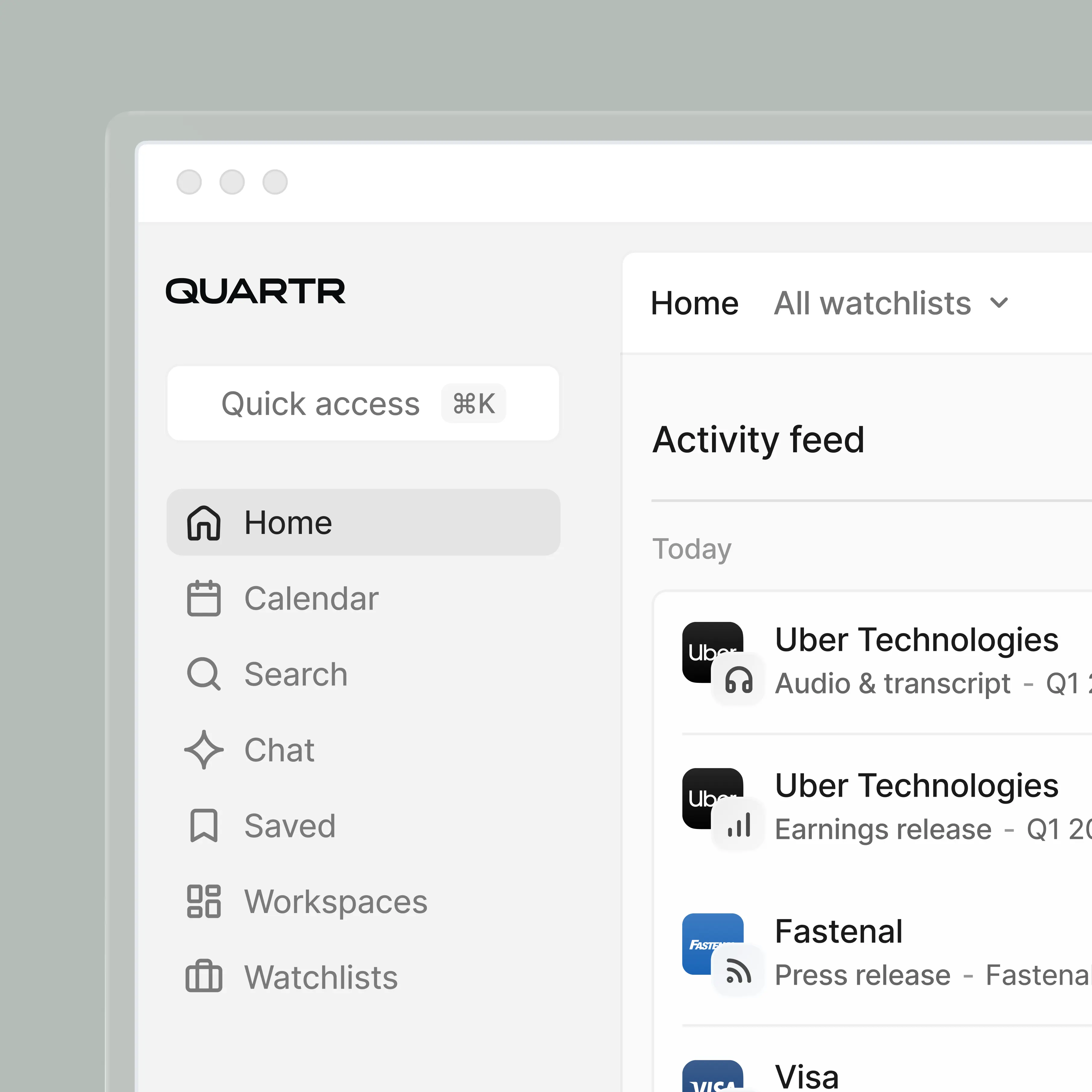 Quartr Pro calendar interface