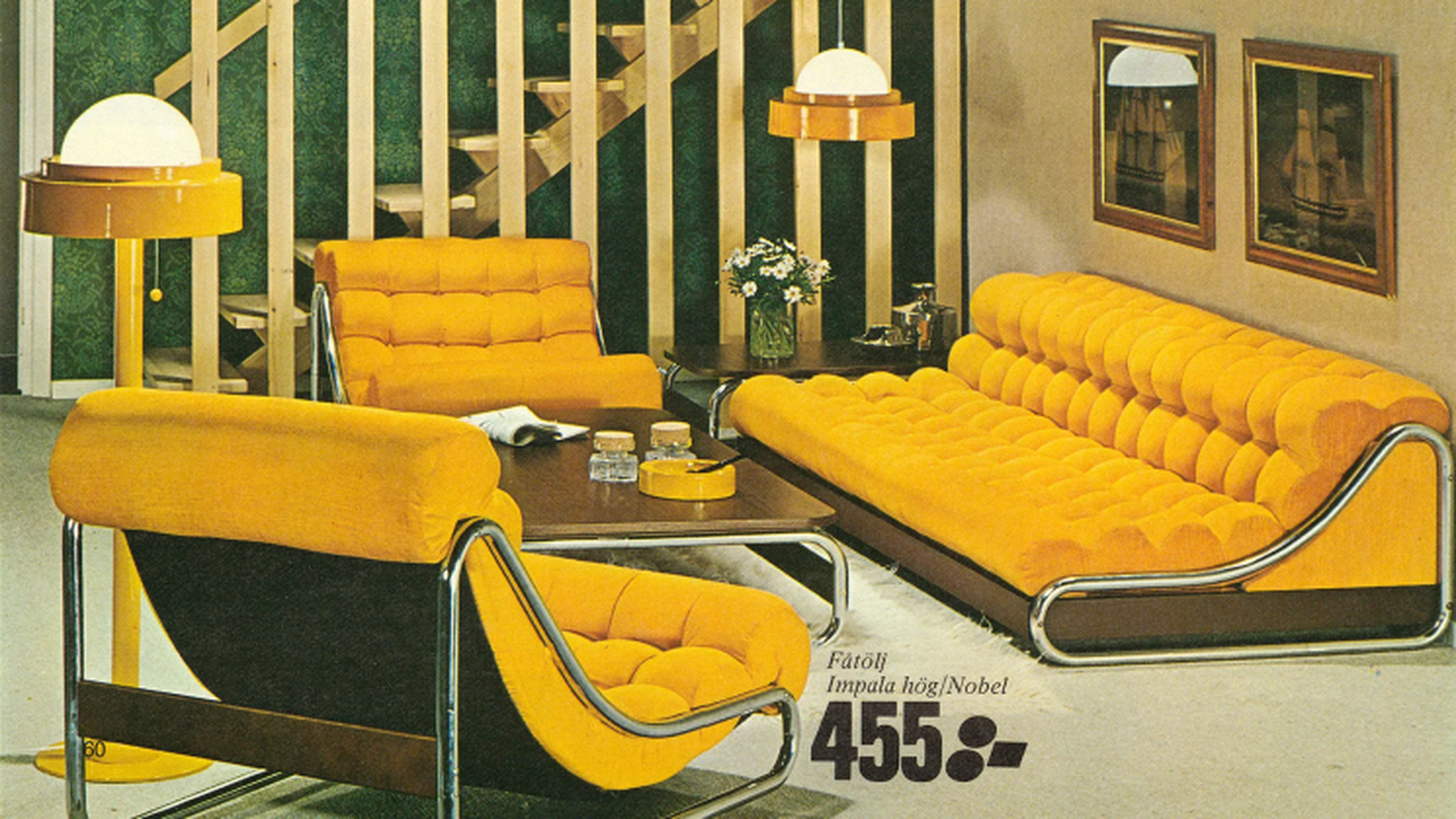 Retro, old IKEA sofa and armchair in yellow