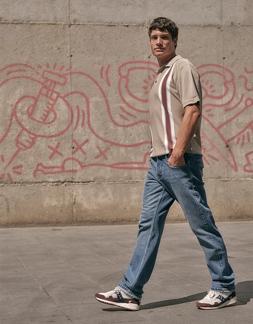 Model in Barcelona in Alvie Stripe Polo