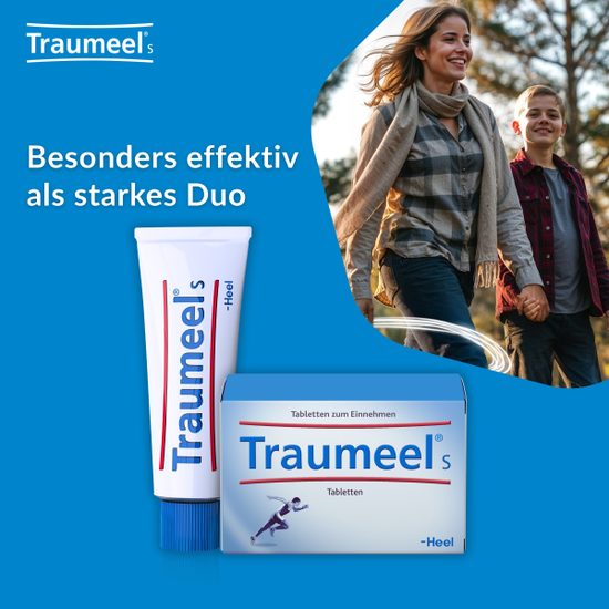 Traumeel S Creme und Tabletten – starkes Duo, Mutter mit Sohn beim Wandern
