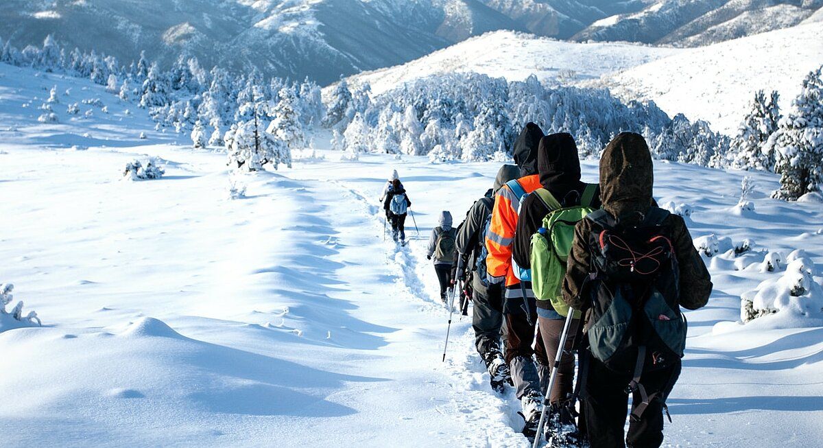 Eine Gruppe Winterwanderer wandert durch den Schnee.