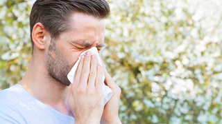 Mann im T-Shirt schnäuzt sich im Freien mit einem Taschentuch – zeigt typische Symptome eines grippalen Infekts im Sommer