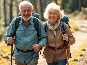 Älteres Paar beim Wandern im Wald – Bewegung für ein gesundes Herz