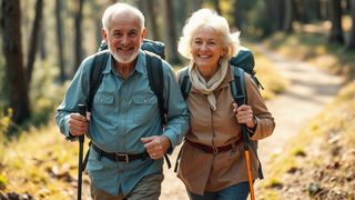 Älteres Paar beim Wandern im Wald – Bewegung für ein gesundes Herz
