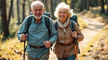 Älteres Paar beim Wandern im Wald – Bewegung für ein gesundes Herz