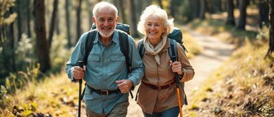 Älteres Paar beim Wandern im Wald – Bewegung für ein gesundes Herz