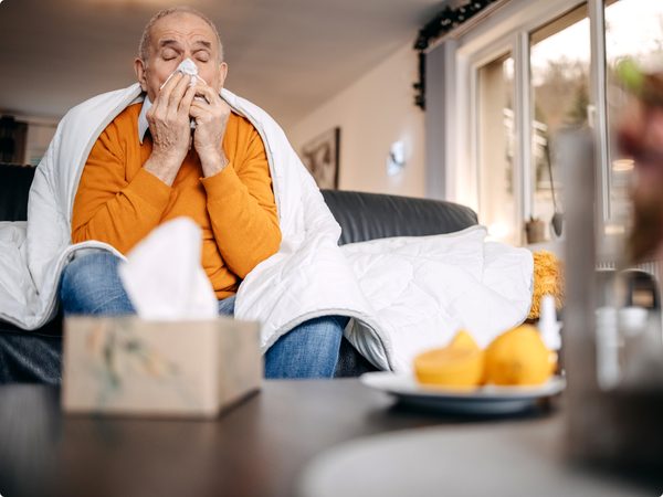 Älterer, erkälteter Herr putzt sich die Nase