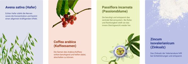 Abbildung der vier Inhaltsstoffe von Neurexan. Avena sativa, Coffea arabica, Passiflora incarnata, Zincum isovalerianicum
