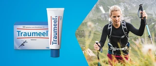 Frau, die wandert mit Traumeel-Produktdarstellung