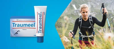 Frau, die wandert mit Traumeel-Produktdarstellung