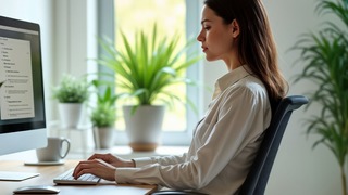 Frau sitzt in ergonomischer Haltung an einem Schreibtisch und arbeitet – Muskelschmerzen vorbeugen.