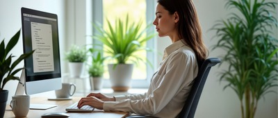 Frau sitzt in ergonomischer Haltung an einem Schreibtisch und arbeitet – Muskelschmerzen vorbeugen.