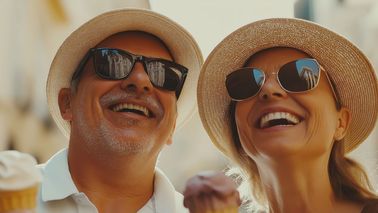 Paar genießt Eis in der Sonne – Sommer, Genuss und eine gesunde Verdauung.