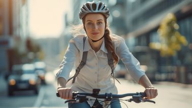 Frau fährt mit dem Fahrrad ins Büro