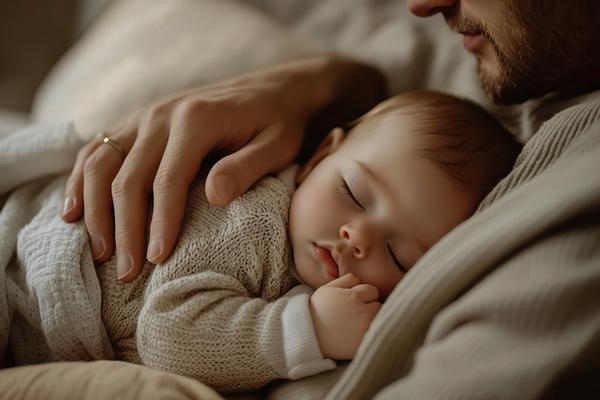 Ein Vater hält sein Baby im Arm, während es schläft. Nähe und Geborgenheit können bei unruhigem Schlaf helfen.