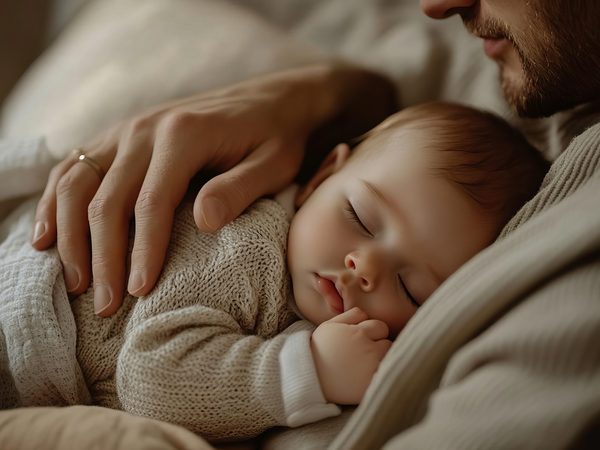 Ein Vater hält sein Baby im Arm, während es schläft. Nähe und Geborgenheit können bei unruhigem Schlaf helfen.