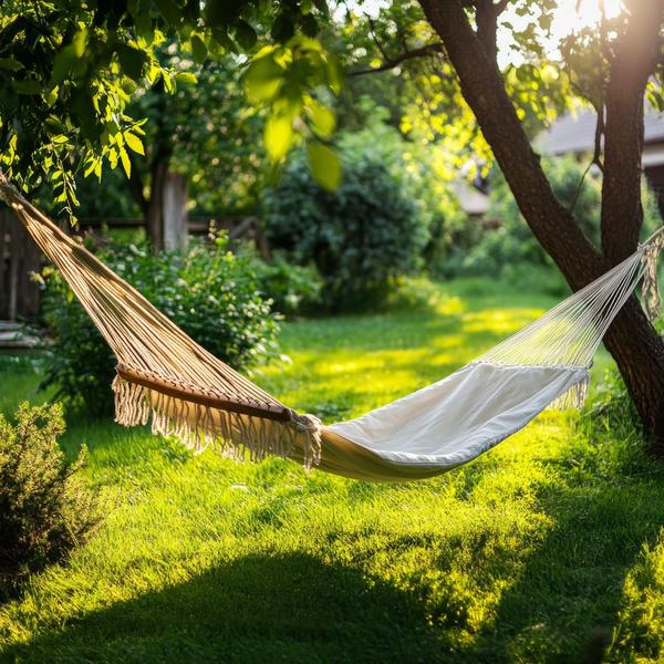 Im Garten hängt eine Hängematten - Symbol für Ruhepool