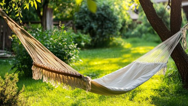 Hängematte im Garten als Symbol für Ruhe.