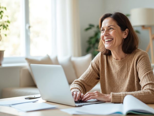 Frau arbeitet entspannt am Laptop – Symbol für Leistungsfähigkeit ohne Kopfschmerzen.
