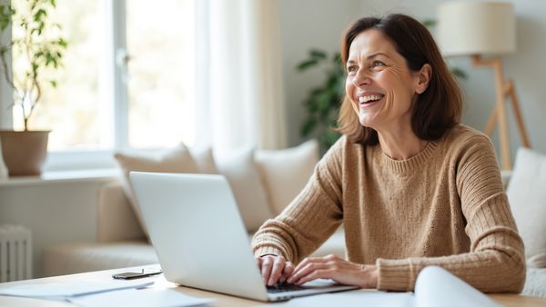 Etwas ältere Frau sitzt zu Hause am Laptop und organsiert Ihren Tag - für mehr Entspannung