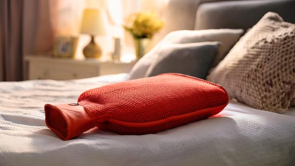 Wärmflasche auf dem Bett zur Linderung von Schmerzen bei Blasenentzündung.