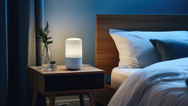 Eine kleine Lampe steht auf dem Nachttisch und spendet angenehmes Licht im Schlafzimmer