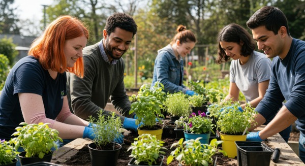 Eine Gruppe von Leuten steht am Hochbeet und pflanzt rückenschonend frische Kräuter ein