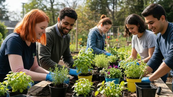 Eine Gruppe von Leuten steht am Hochbeet und pflanzt rückenschonend frische Kräuter ein