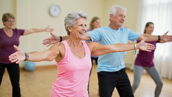 Eine Gruppe von älteren Menschen macht Gymnastik