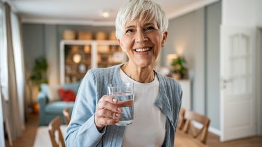 Ältere Frau trinkt ein Glas Wasser gegen Schwindel.