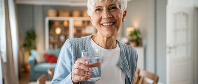 Ältere Frau trinkt ein Glas Wasser gegen Schwindel.