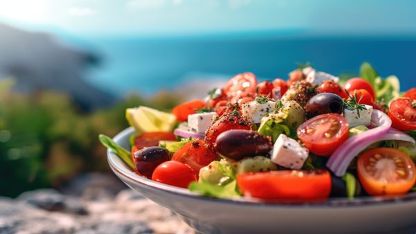 Griechischer Salatteller am Meer als Beispiel für leichte Urlaubskost.