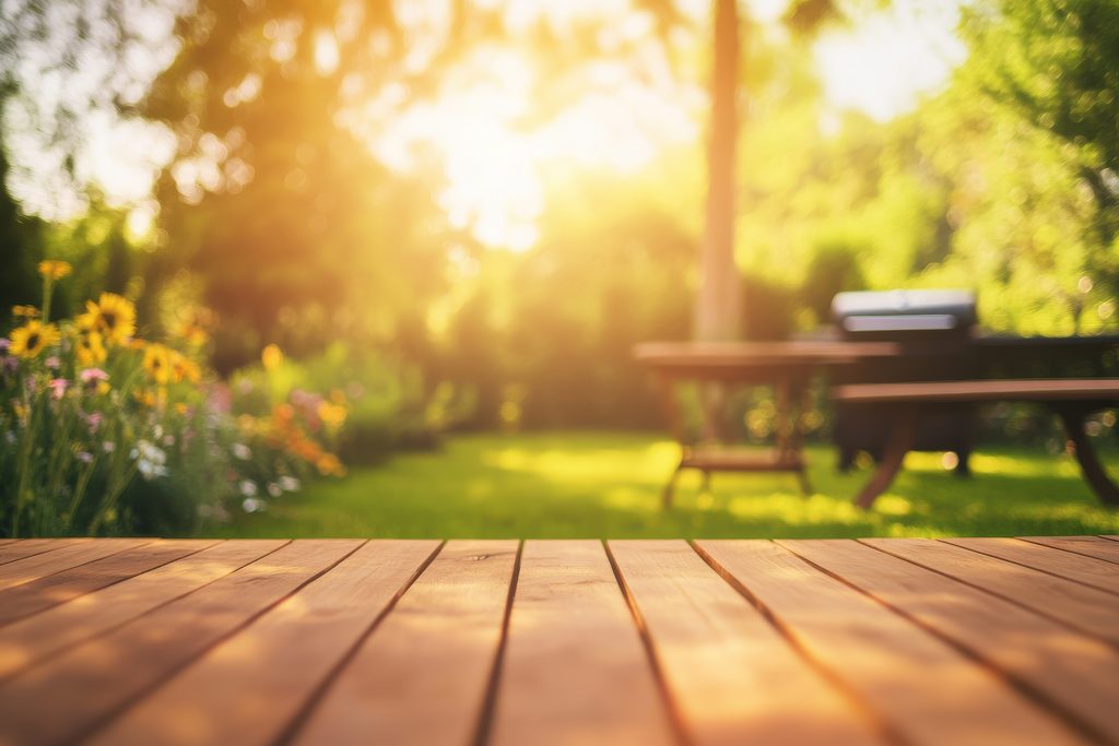 Blick in einen Garten an einem schwülen und heißen Tag im Sommer.