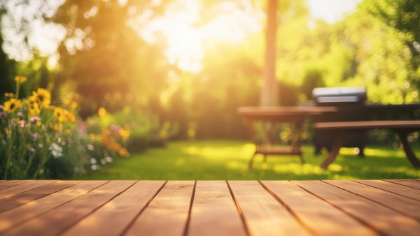 Blick in einen Garten an einem heißen Sommertag