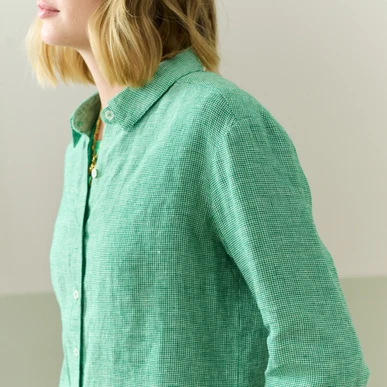 NEAT LINEN H CHECK｜SROUSERS - Green 46 Fine Houndstooth Linen Shirt in Emerald | Women's | Brora Clearance