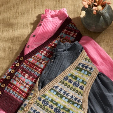 Wool Fair Isle Sleeveless Cardigan in Bordeaux | Knitwear | Brora
