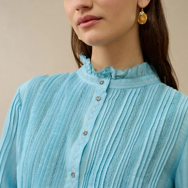Silk Cotton Pintuck Blouse in Aqua | Brora Clearance