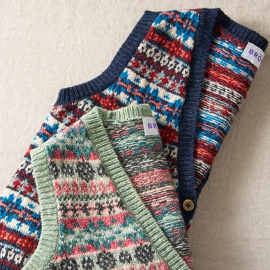 Wool Fair Isle Sleeveless Cardigan in Eucalyptus | Brora Clearance