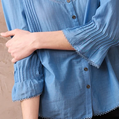 Blue Silk Cotton Pintuck Blouse | Women's Blouses | Brora Sale