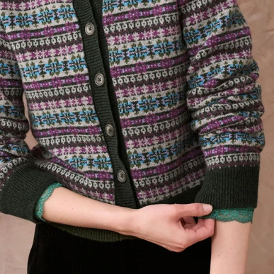 Green Merino Lambswool Fair Isle Cardigan | Knitwear | Brora