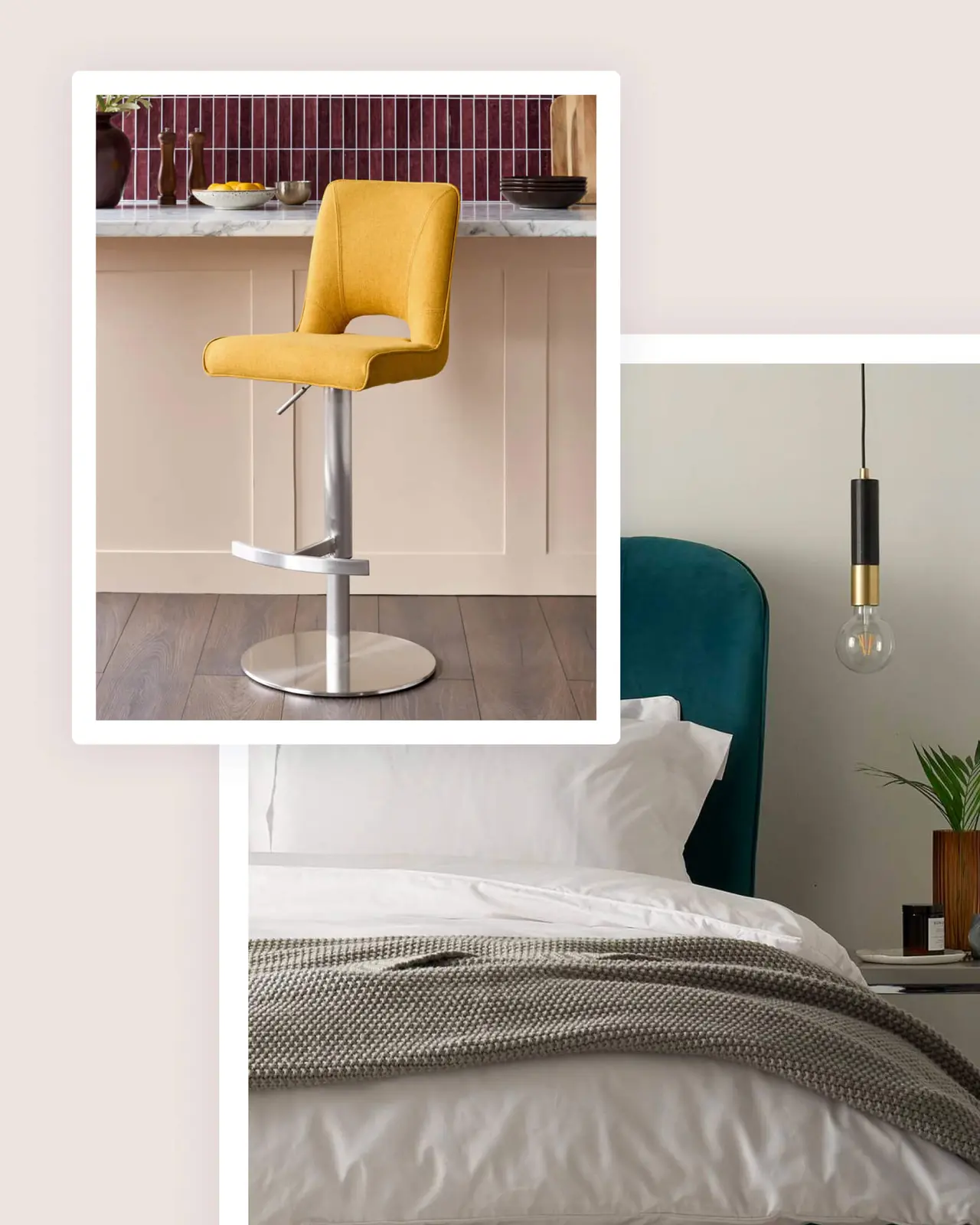A yellow bar stool with a metallic base in a modern kitchen and a cozy bedroom with a teal headboard, white bedding, and hanging light bulb.