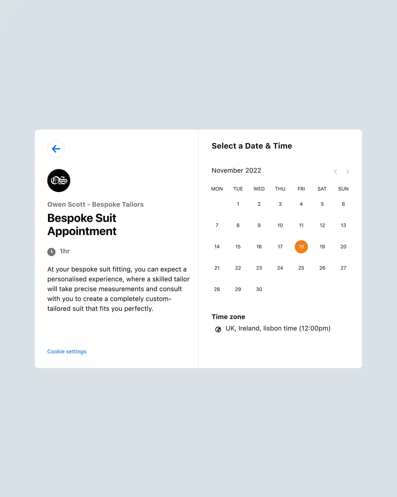 A booking page for a bespoke suit appointment with a calendar to select a date