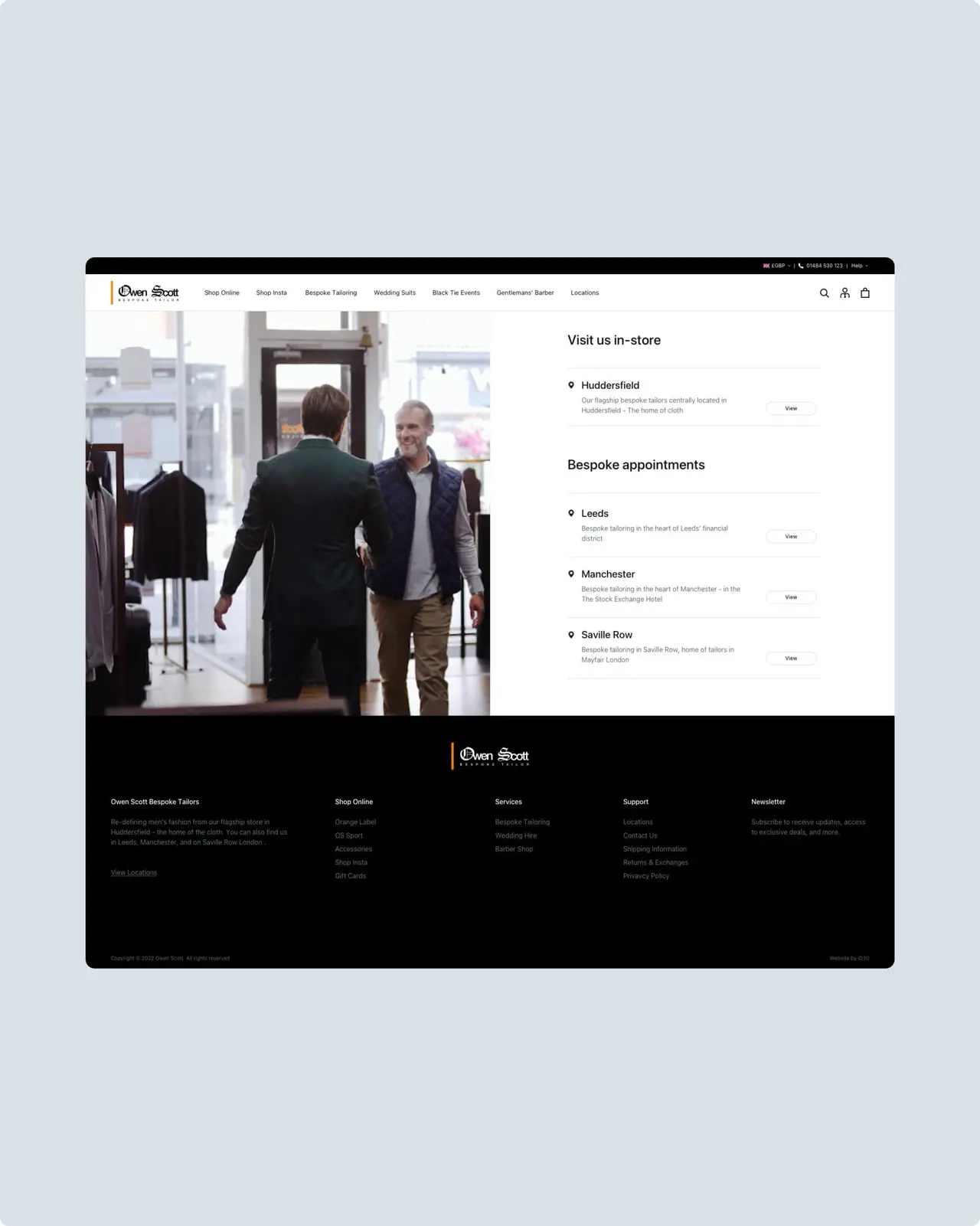 Men in a store greet each other with a handshake. The webpage displays appointment booking options for different locations.