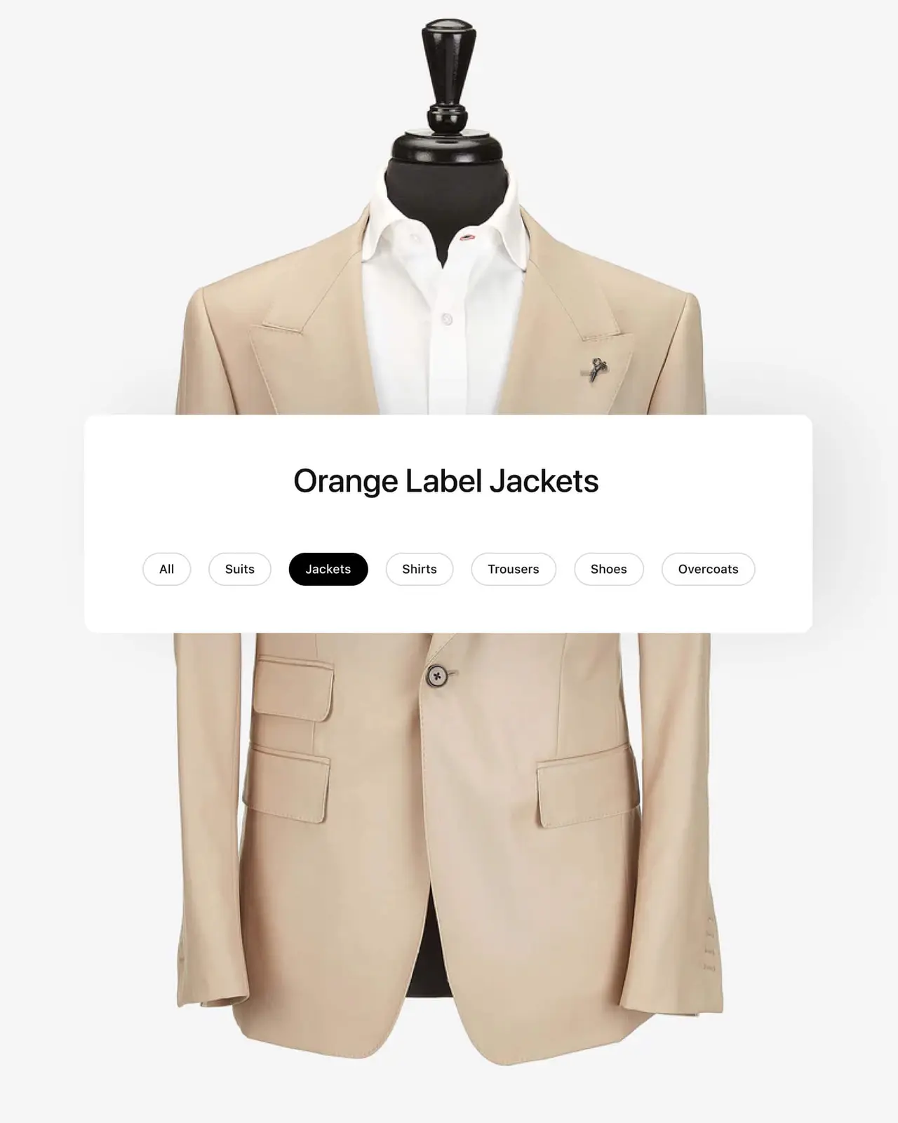 Tan suit jacket displayed on a mannequin with a white shirt, featuring menu options for browsing different clothing categories.