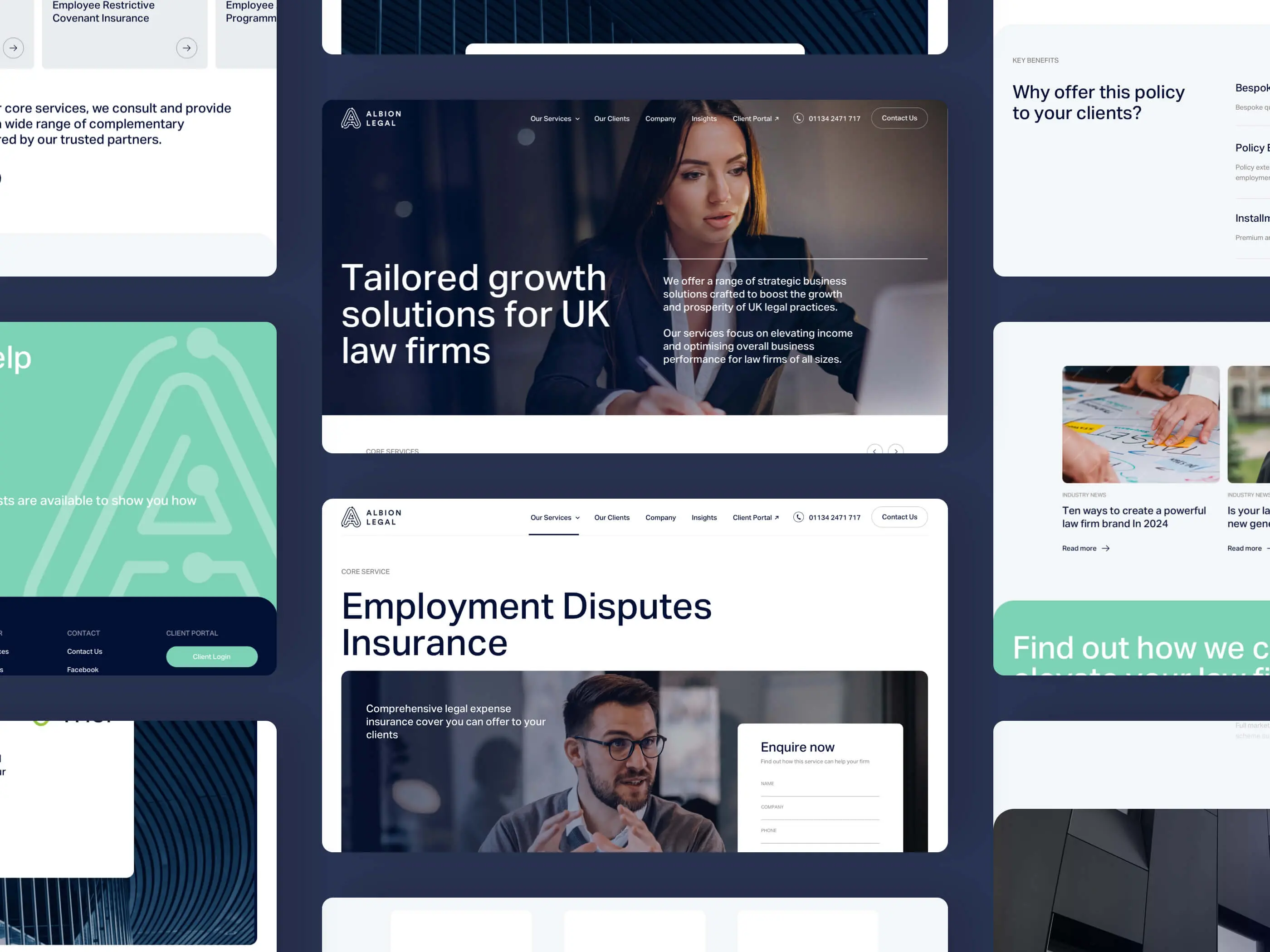 Collage of website screenshots showcasing business consulting and insurance services with professional text overlays and design elements.