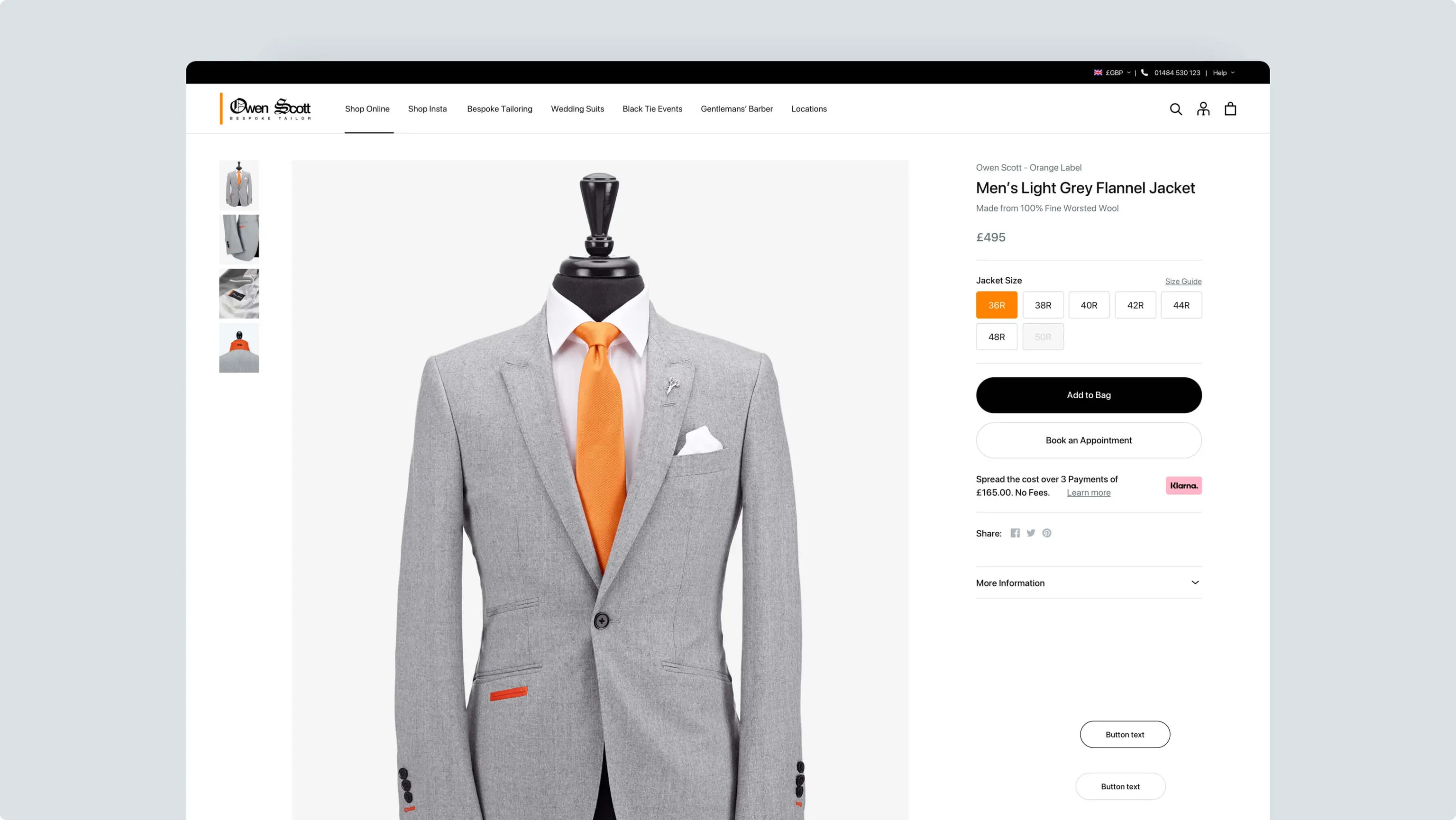 A light gray flannel suit jacket with an orange tie, showcased on a mannequin, displayed on an online shopping website.