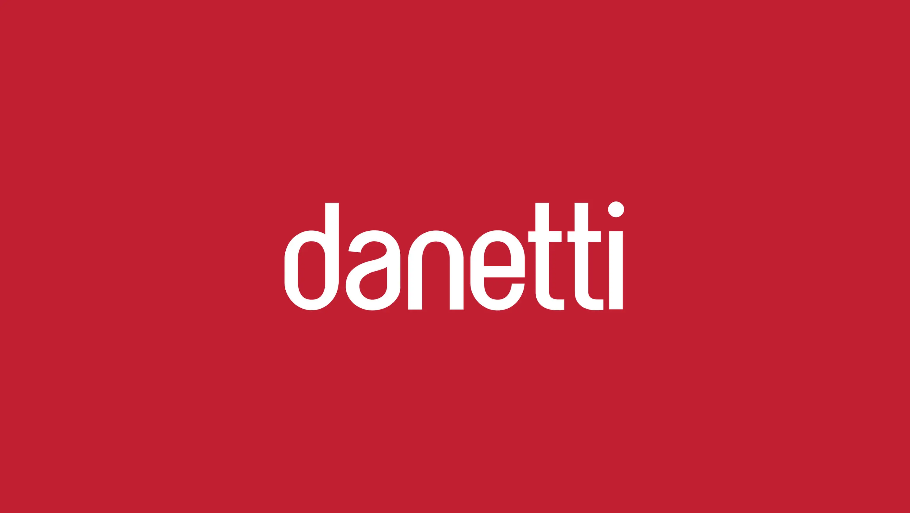 White "danetti" logo centered on a solid red background.