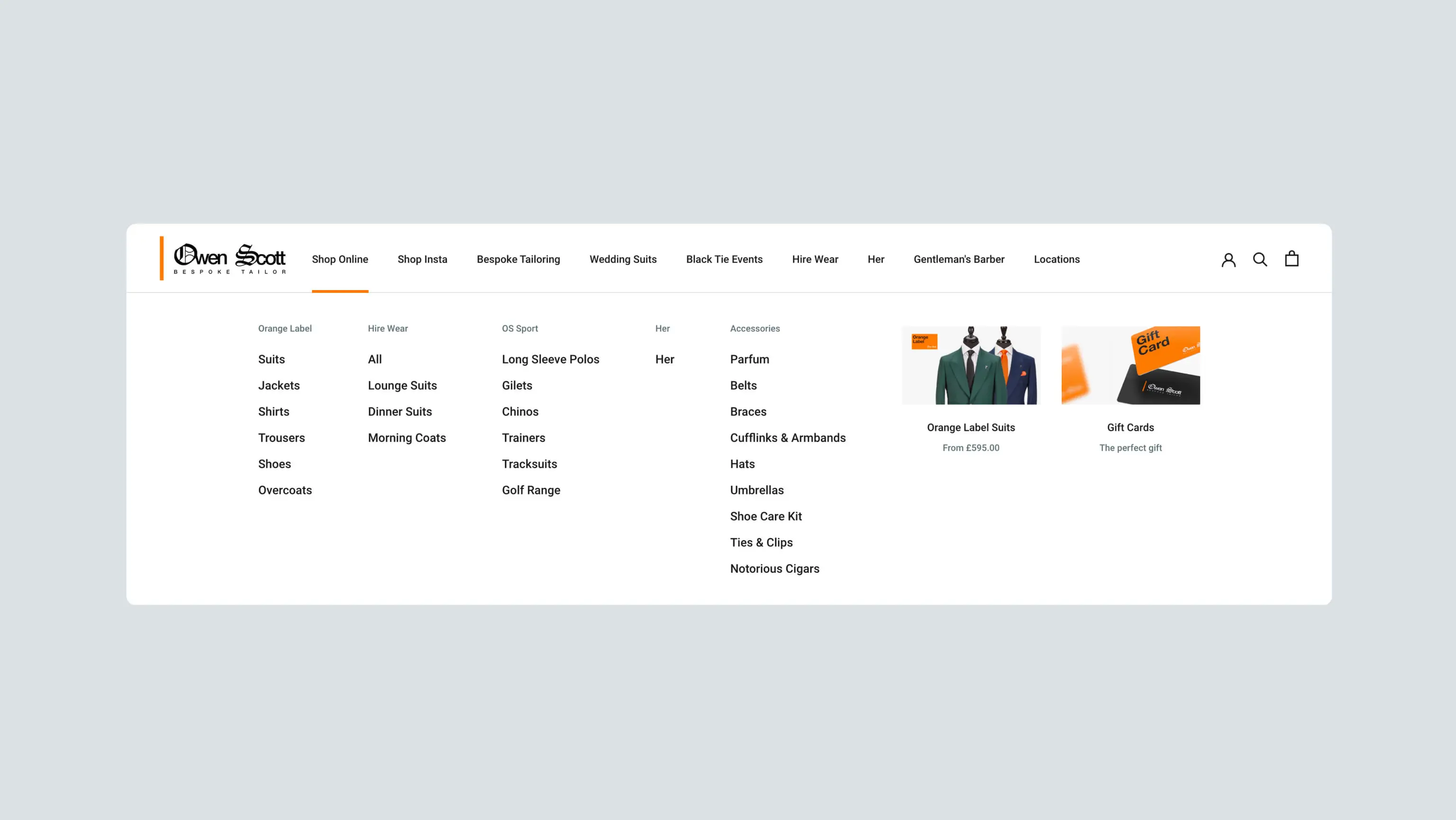 Website menu showing categories like suits, jackets, shoes, and accessories, with a search icon and shopping cart on a white background.