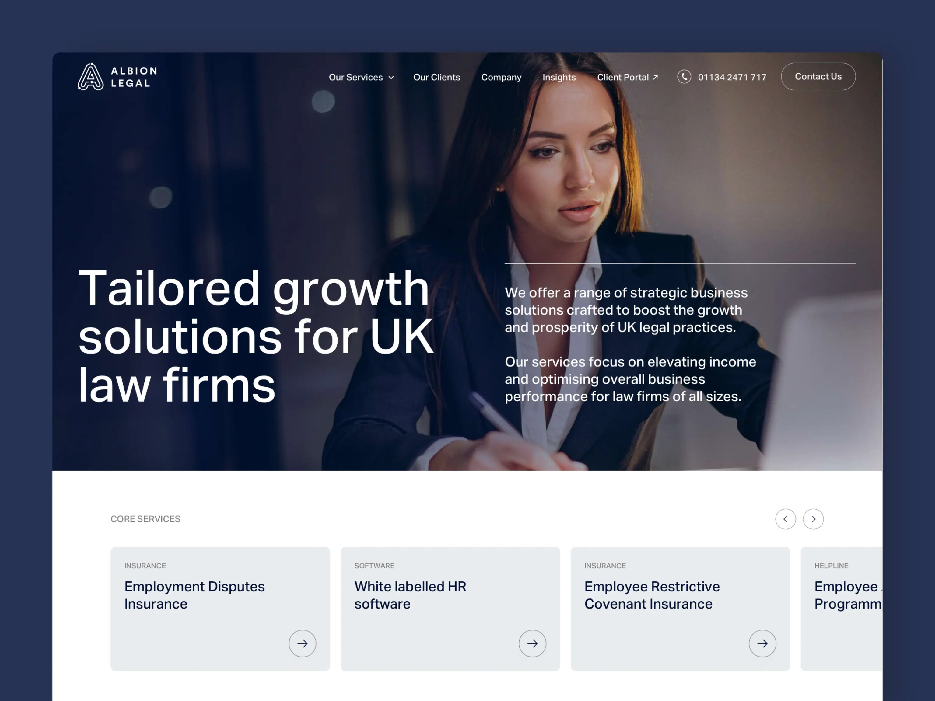 Website homepage of Albion Legal featuring a businesswoman, company logo, and service offerings for UK law firms.