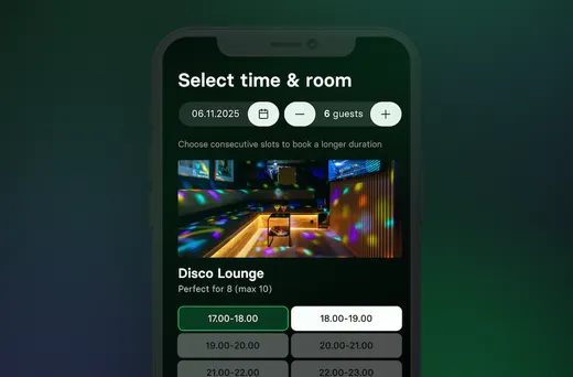 Booking app screen showing a selection of time slots for a singa karaoke room venue, suitable for 6 guests.